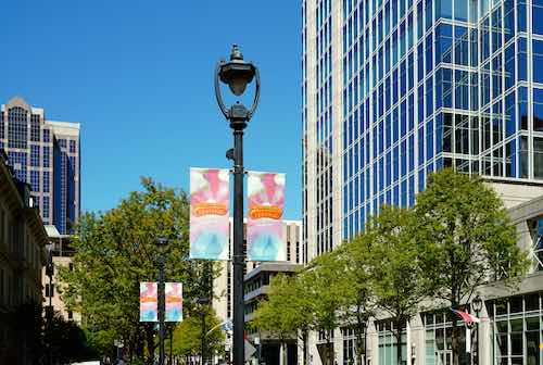 Dreamville banners in downtown Raleigh